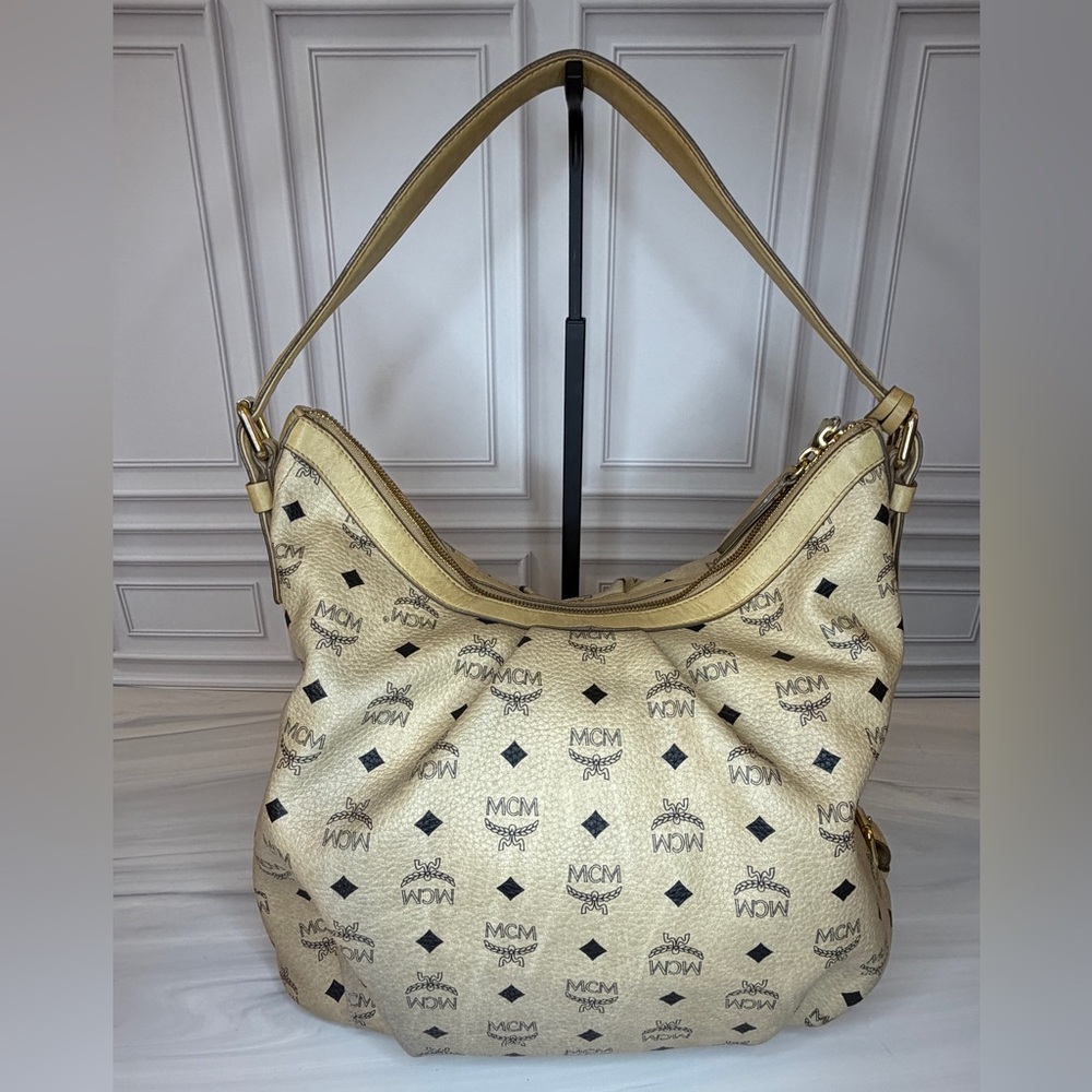 MCM Light Beige Visetos Leather Monogram Hobo Shoulder Bag | Lock & Key Included - Picture 3 of 12